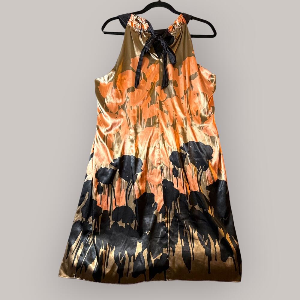 Taylor Halter Tie Dress, Women’s 14, Peach/Black/Tan, Silky, Floral